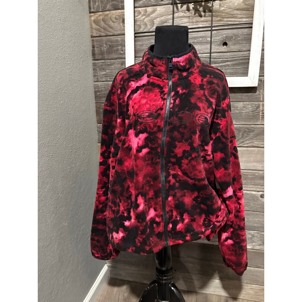 Bebe maroon black patterned fleece full zip up sweatshirt women's size large